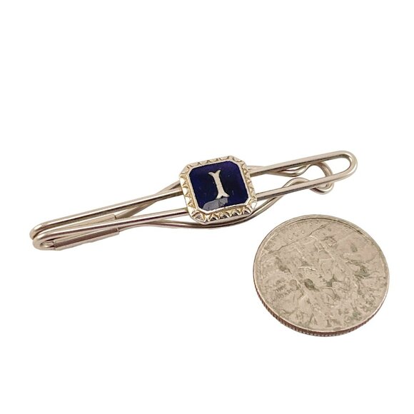 Initial I Tie Clip Blue Enamel Silver Tone Tie Clip Vintage - Picture 7 of 8